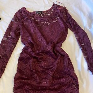 burgundy colored lace dress with long sleeve
